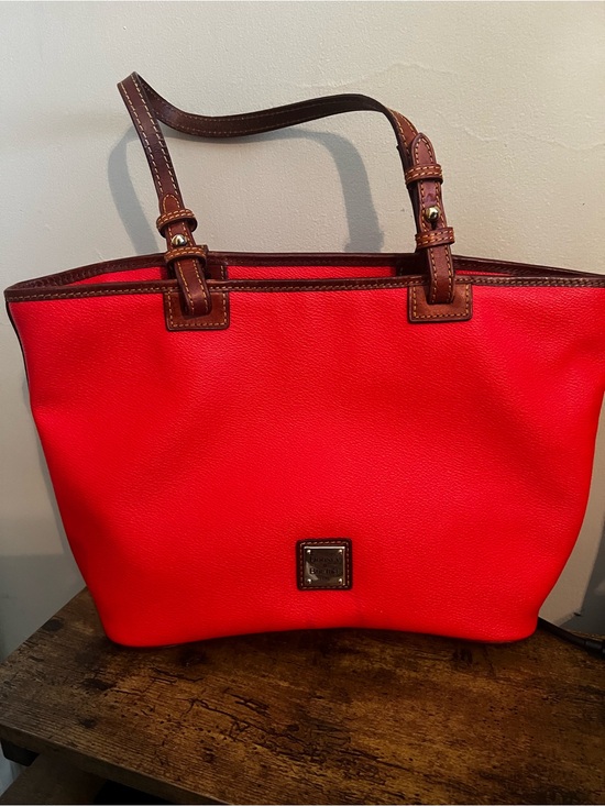 Dooney & Bourke Handbags - Dooney & Bourke Bright Red Pebbled Leather Tote with Brown Trim